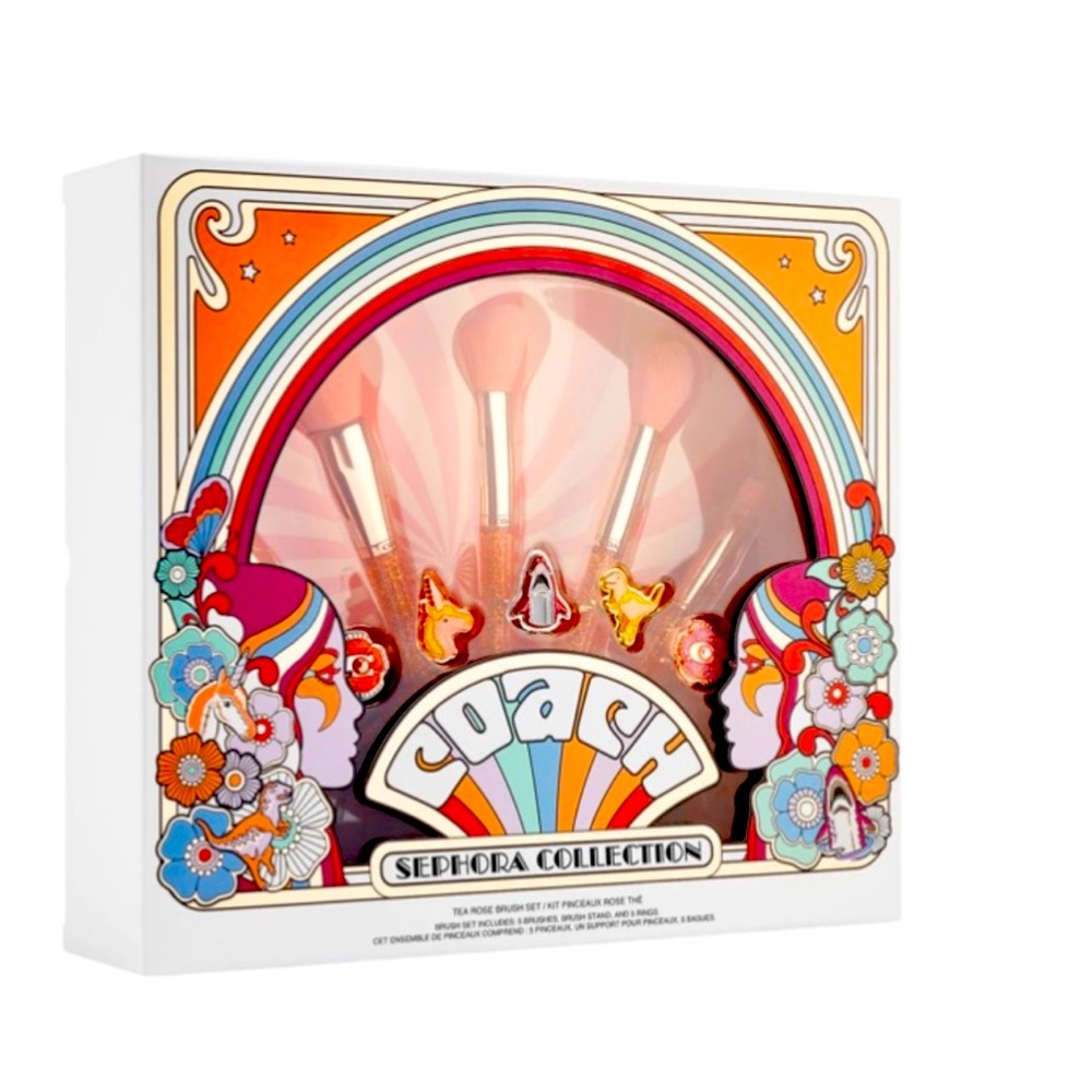 NEW CoachxSephora Rings & Tea Rose MakeUp Brushes with Holder SOLD OUT COLAB